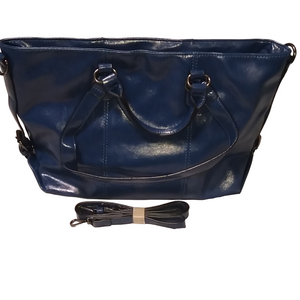 Navy Blue Faux Leather Tote Bag Large Shoulder Purse Work Travel